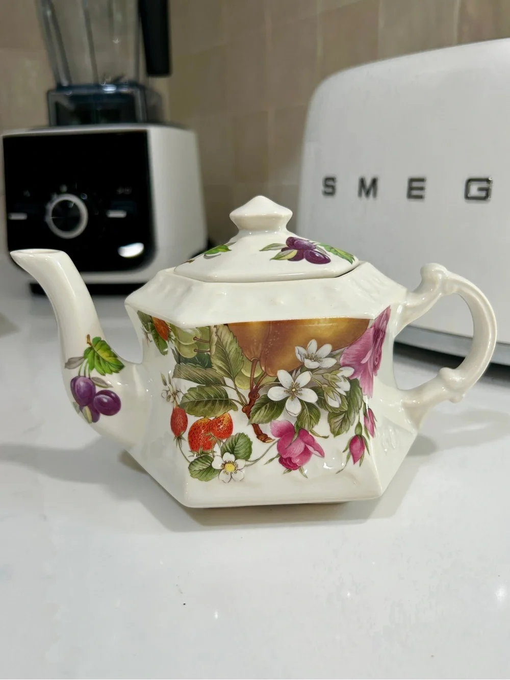 Vintage Cream Ceramic Teapot with Multicolor Fruit & Floral Motif
